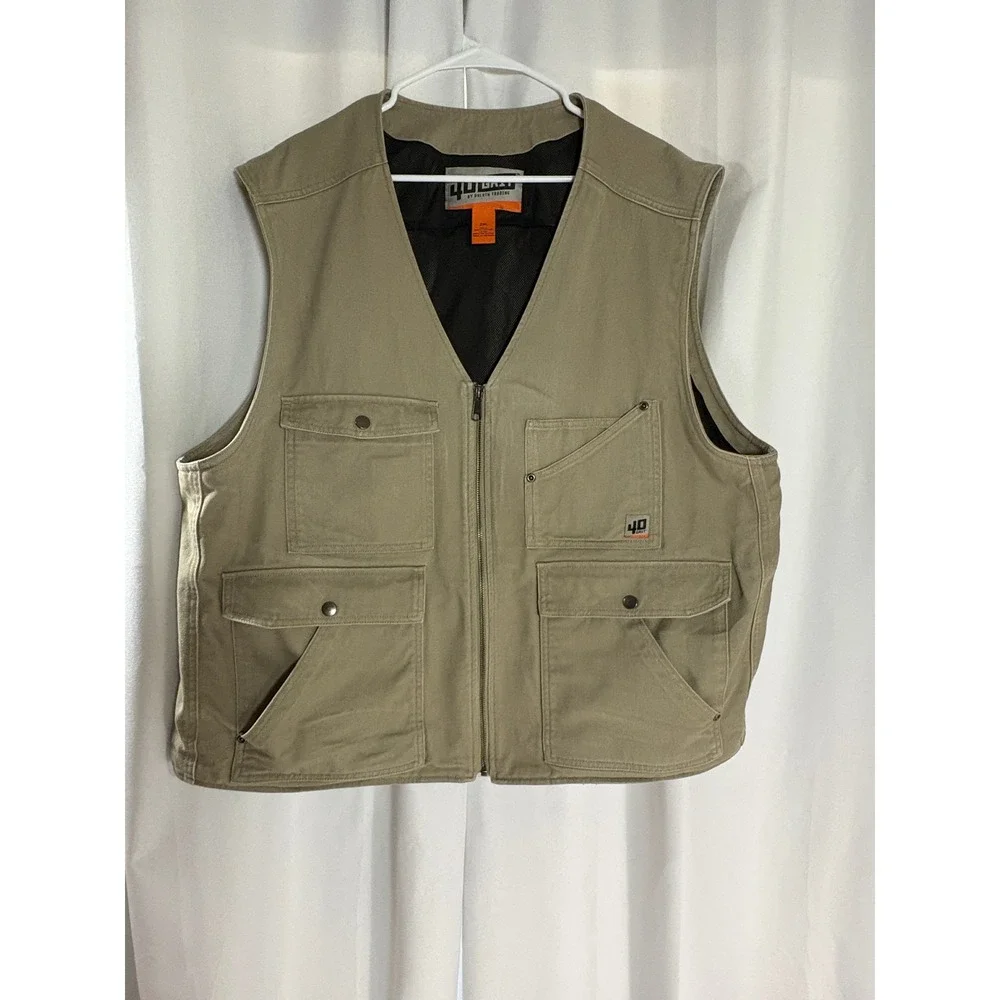 40 Grit by Duluth Trading Co Mens 2XL Khaki Canvas Utility Work Vest Full Zip